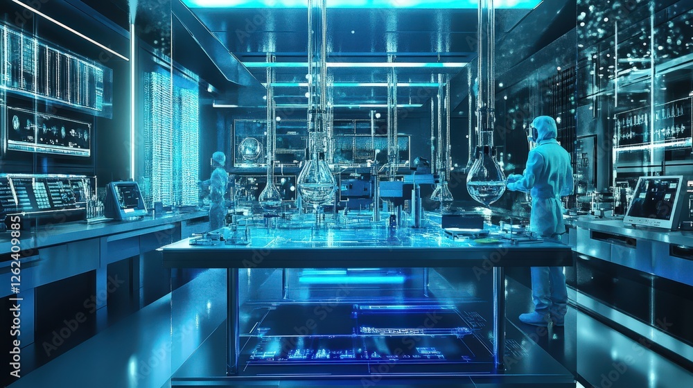 Poster a futuristic lab scene with scientists studying the behavior of protons using advanced equipment.