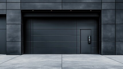 Modern building, dark garage door, city entrance, keypad access