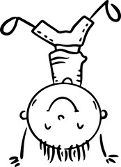 Cute cartoon child doing a hand stand, kid upside down. Outline fitness or yoga pose illustration. Isolated character