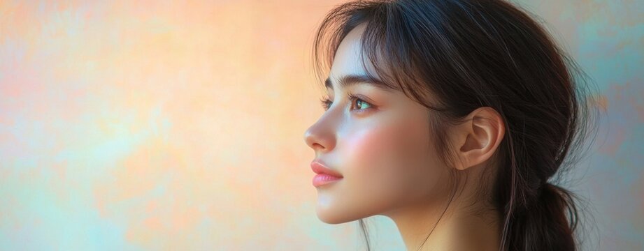 Elegant natural beauty portrait of a young woman with radiant skin and soft lighting, featuring a confident minimalist female profile against a pastel gradient background, creating a sophisticated  