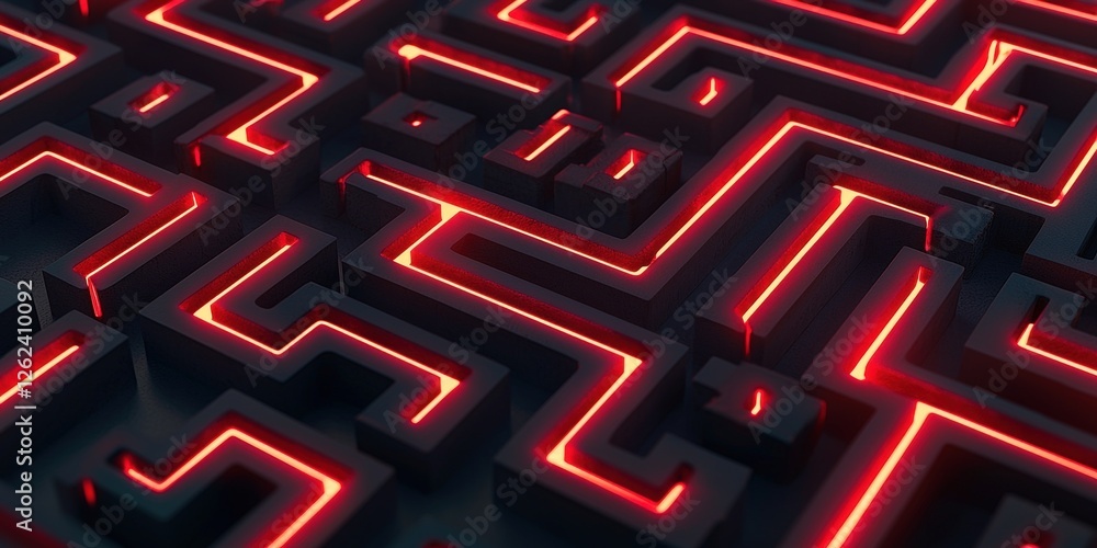 Poster potential strength strategy concept. abstract maze design with glowing red lines on a dark backgroun