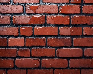 Obraz premium Saturated Reddish Brown Brickwork Pattern Exhibiting Shiny Texture and Water Covered Surface, Perfect as Background to Highlight Contemporary Style and Weathered Element