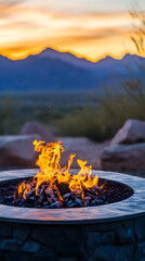 Close-up of a fire pit with flames and mountains in the background at sunset
