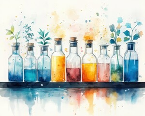 Colorful Watercolor Bottles With Plants On Shelf