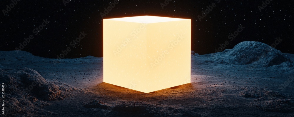 Poster potential strength strategy concept. illuminated cube on a lunar surface in a starry backdrop.