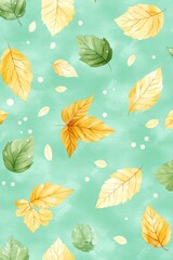 Gentle Teal Watercolor Background, Delicate Autumn Leaves Pattern, Serene Nature Illustration