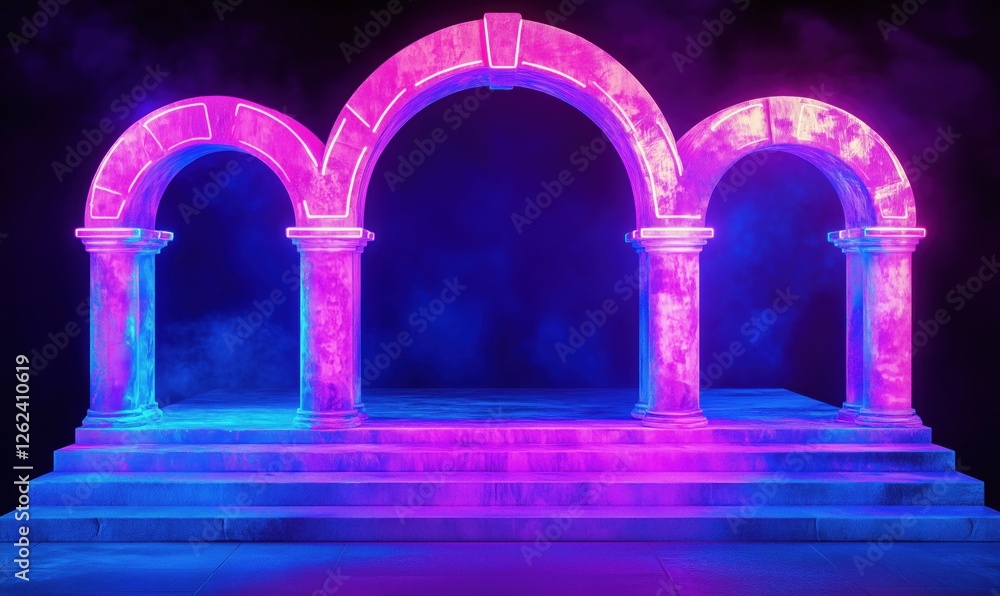 Poster neon illuminated archway with glowing columns and vibrant colors in dark setting