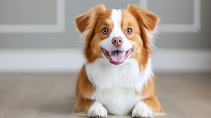 Happy dog lying on hardwood floor, gray wall background, pet portrait