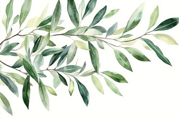 Obraz premium Watercolor Olive Branch, Lush Green Leaves, Botanical Illustration, Elegant Foliage, Nature's Beauty, Greenery Design, Artistic Rendering, Springtime Vibes, Tranquil Scenery, Serene Artwork.