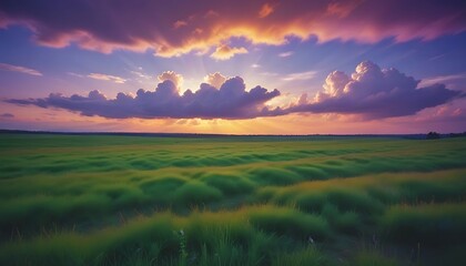 Obraz premium Sunset over a Vibrant Green Field with Dramatic Clouds