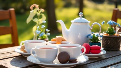Fototapeta premium Elegant Outdoor Tea Party with Desserts | Cozy Garden Setting