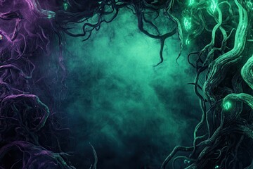 Enigmatic Glowing Tree Roots in Mystical Fog - Fantasy Background
