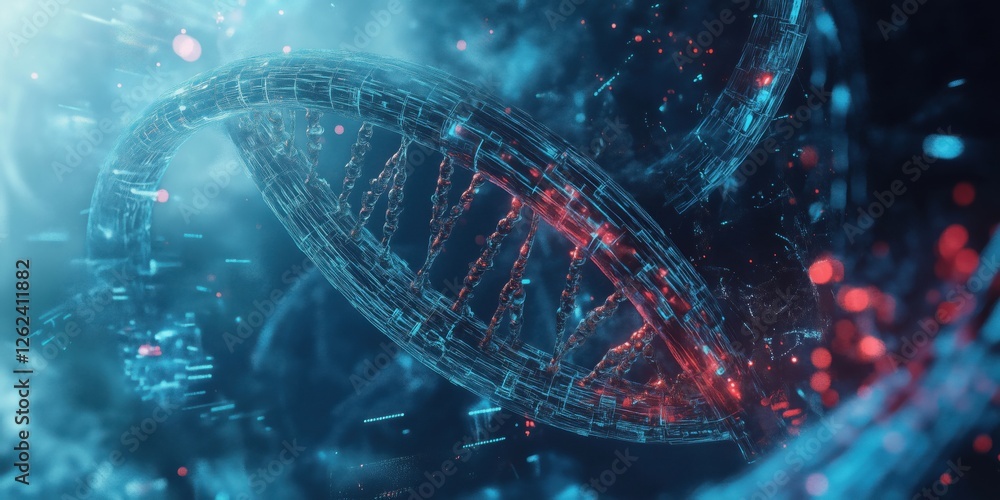 Poster 3d representation of dna double helix structure with glowing elements and digital effects