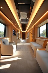 Luxury rail car interior with seating and entertainment. Travel and design use