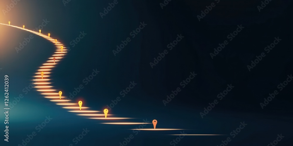 Poster potential strength strategy concept. winding path illuminated by glowing figures in a dark setting.