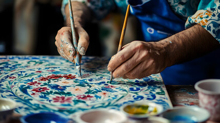 A Turkish ceramicist painting a traditional Iznik tile with floral and geometric patterns.