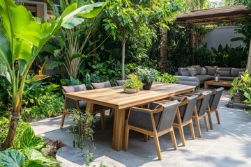 Tropical Outdoor Dining Area with Lush Greenery