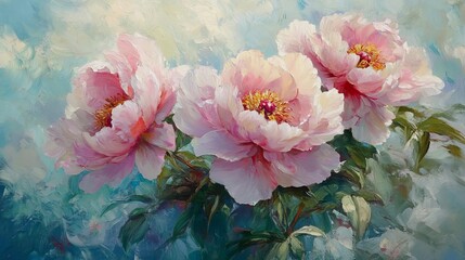 Beautiful pink peonies bloom against a soft blue background in a vibrant spring garden