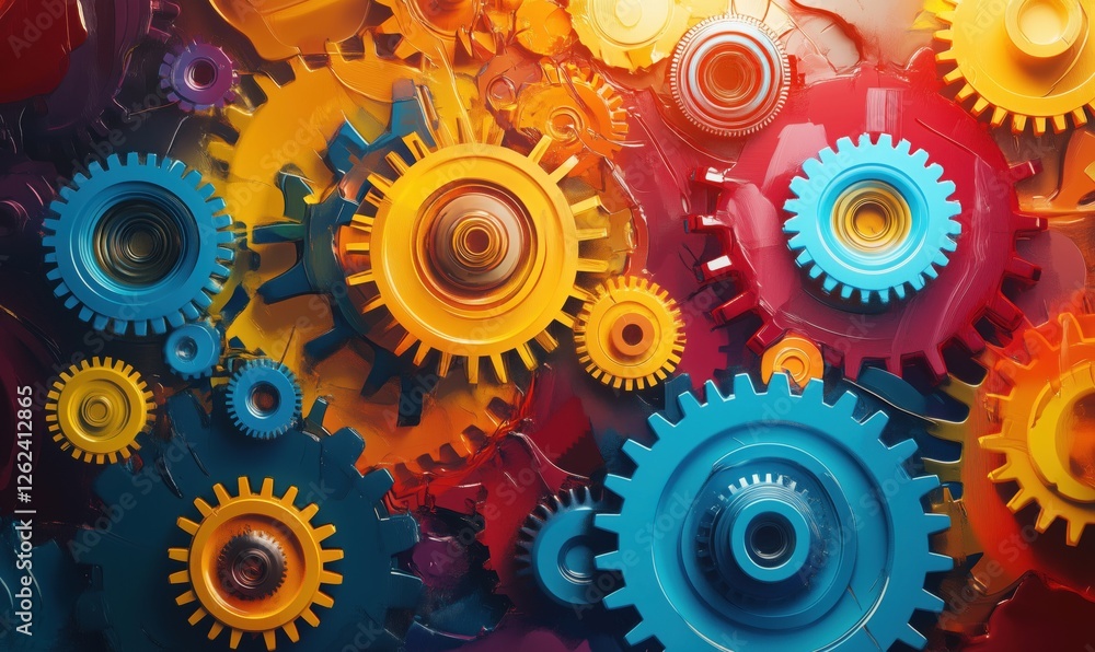 Poster colorful gears in motion representing engineering and mechanical design concepts
