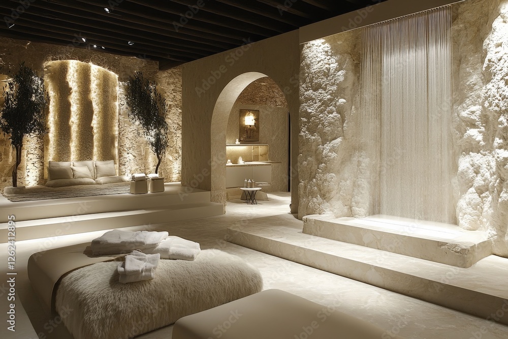 Poster elegant spa interior featuring natural elements with softly illuminated spaces for relaxation and re