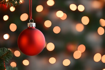 Red holiday ornament hanging on a Christmas tree with blurred lights in the background
