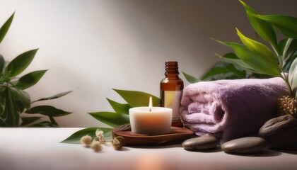 Celebrate relaxation with calming elements for a spa experience featuring soothing candles and essential oils in a tranquil setting