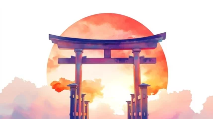 Fotobehang Beautiful torii gate silhouetted against a vibrant sunset with colorful clouds © Аліна Гранатова