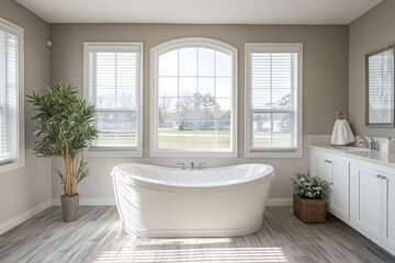 Bright and airy bathroom features a freestanding tub beside large windows with views of nature