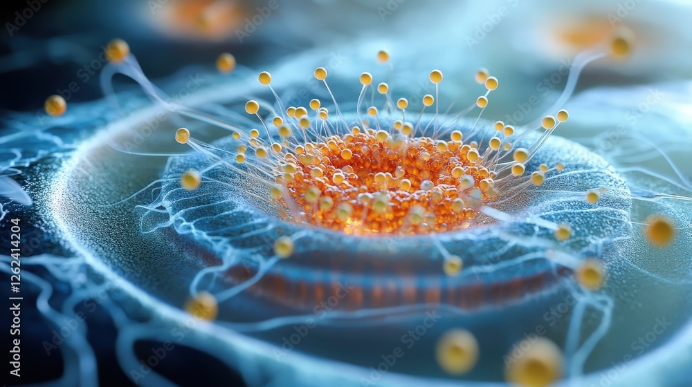 Poster a futuristic visualization of protons involved in nuclear fusion within the core of a star