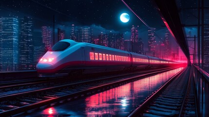Fototapeta premium Futuristic Train Passing Through Neon Cityscape at Night
