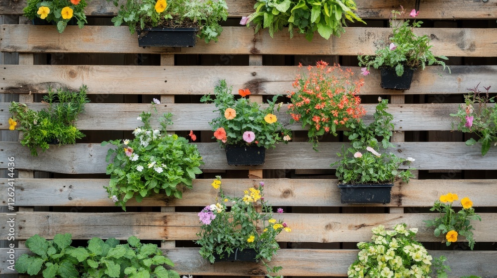 Poster a garden diy project where wooden pallets are used to create a vertical garden, with flowers and sma