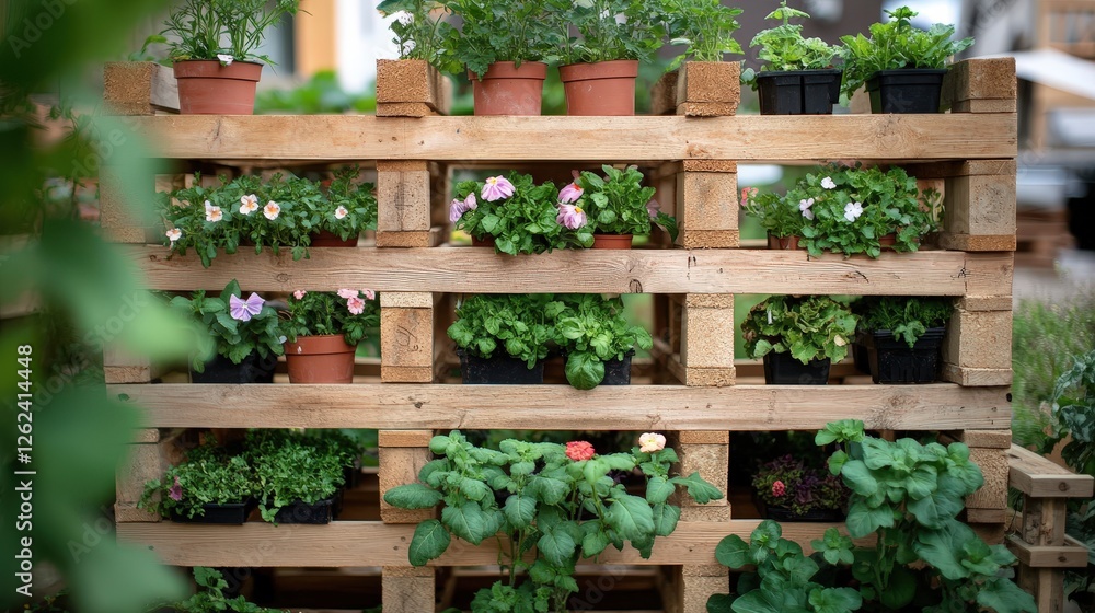 Poster a garden diy project where wooden pallets are used to create a vertical garden, with flowers and sma