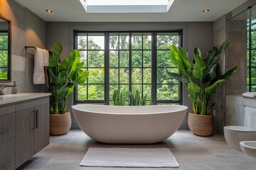 Fototapeta premium Modern bathroom with freestanding tub and large windows showcasing lush greenery
