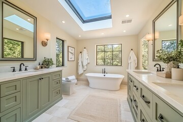 Fototapeta premium Elegant bathroom design featuring a freestanding tub and ample natural light in a modern home
