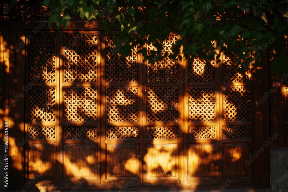 Poster Sunlight casts shadows through foliage onto a latticed screen, creating patterns