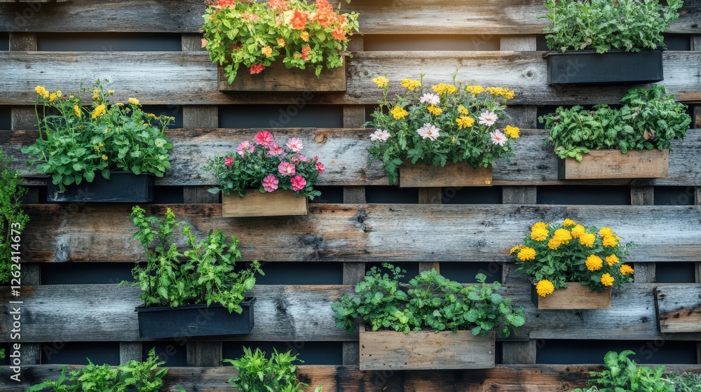 Poster a garden diy project where wooden pallets are used to create a vertical garden, with flowers and sma