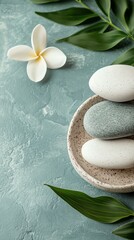 Fototapeta premium Tranquil Spa Arrangement with Stones, Leaves, and Flower on Surface