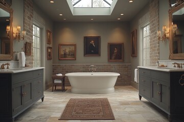 Fototapeta premium Luxurious bathroom with vintage decor featuring a freestanding tub and elegant lighting in a cozy, natural setting