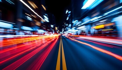 Nighttime city street, blurred and adorned with abstract neon lights, evoking a lively and energetic urban vibe