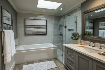 Fototapeta premium Modern bathroom design featuring a seamless shower, white bathtub, and stylish decor in a well-lit space