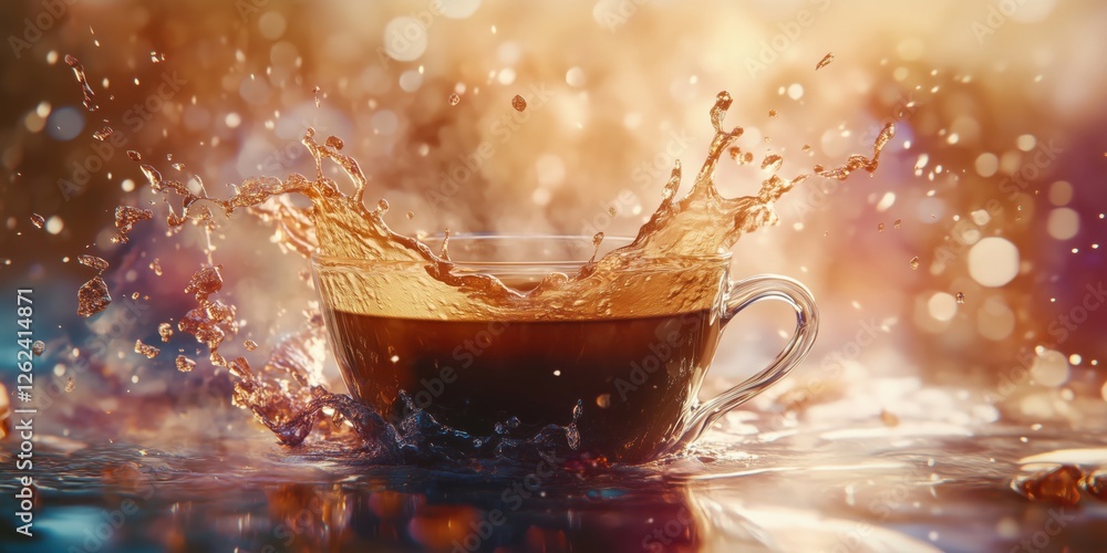 Poster coffee splash in glass cup creating dynamic water droplets and bokeh background