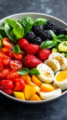 Vibrant colorful salad featuring fresh fruits and vegetables arranged beautifully on a gray plate