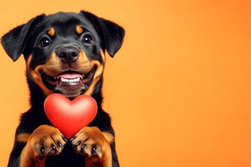 Obraz premium Ad visual idea. Rottweiler - my treasured dog. Cute rottweiler dog with diamond red heart - emblem of love, funny greeting card. Valentine's animal couples. Valentine's day pet stories.