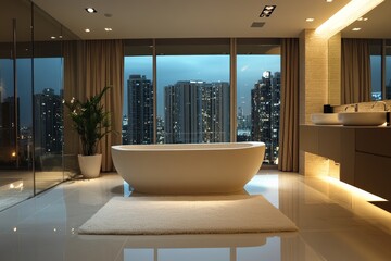 Fototapeta premium Luxurious modern bathroom with stunning city skyline view at dusk