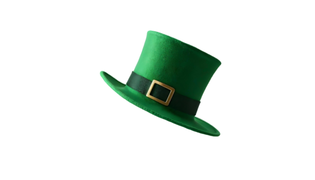 A St. Patrick's Day-themed green hat with a gold buckle, showcased on a transparent background, embodying leprechaun spirit