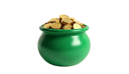 St. Patrick's Day themed image of a green pot brimming with gold coins, set against a transparent background