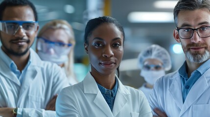 Confident diverse medical team in modern laboratory portrait image. Healthcare scientists in lab coats picture photorealistic photography. Scientific profession concept photo realistic