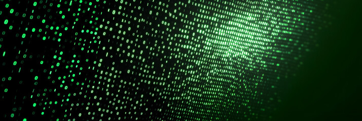 An image depicting artificial intelligence algorithms at work - analyzing the trends of the crypto market on a sophisticated digital screen wide banner - green background