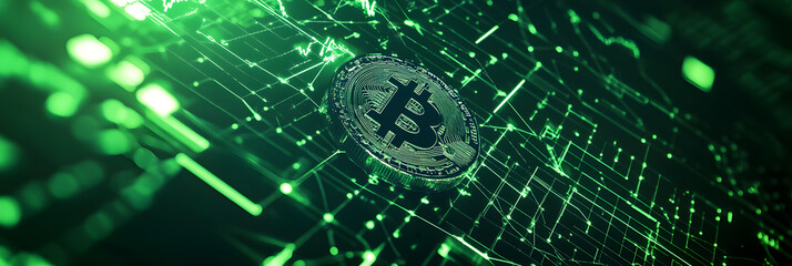 An image depicting artificial intelligence algorithms at work - analyzing the trends of the crypto market on a sophisticated digital screen wide banner - green background