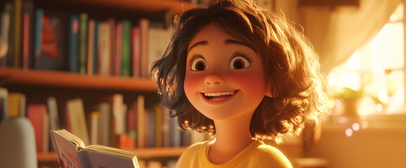 An animated character with curly hair, smiling joyfully while reading a book in a cozy library setting, symbolizing happiness, education, and the love for reading.